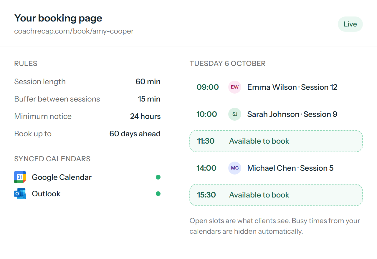 Booking page settings with session rules, synced Google and Outlook calendars, and a day of booked and open slots